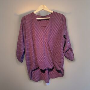 West Kei Women’s Blouse Medium Purple Geometric Print 3/4 Sleeve Hi-Low Hem USA